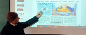 22 November, 2019 550th anniversary of Guru Nanak celebrated in Samarkand State University in Uzbekistan. Prof. Ravinder Gargesh, Head of India Study Centre initiated 550th Guru Nanak ji Prakash Varsh & familiarized students & faculty with the work of the Great Saint