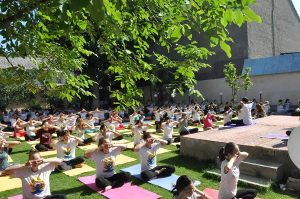 Participants at mass yoga practice at Lal Bahadur Shastri Centre for Indian Culture on 18 June 2016, to celebrate the International Yoga Day