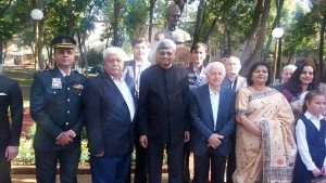 02 October, 2016 H.E. Mr. Vinod Kumar, Ambassador of India, Tashkent and others at the bust of Shastriji on Shastri Street, Tashkent