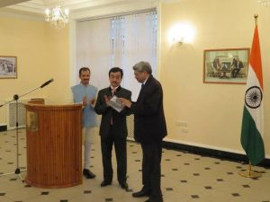 25 November, 2016 H.E. Mr. Vinod Kumar, Ambassador of India to Uzbekistan releasing a book on Yoga in Uzbek language during 18th Anniversary programme of Namaste Hindustan Radio Programme at the Embassy of India, Tashkent